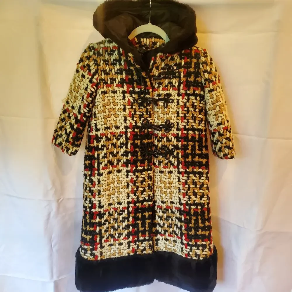 Vintage Wool Blend Plaid Coat with Faux Fur Trim Hood Toggle Closures - Girls 14